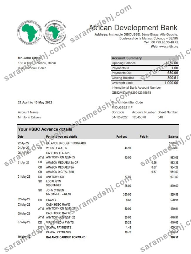 Benin African Development Bank statement xls